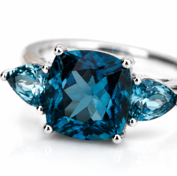 9ct White Gold London Blue Topaz Trillogy Ring