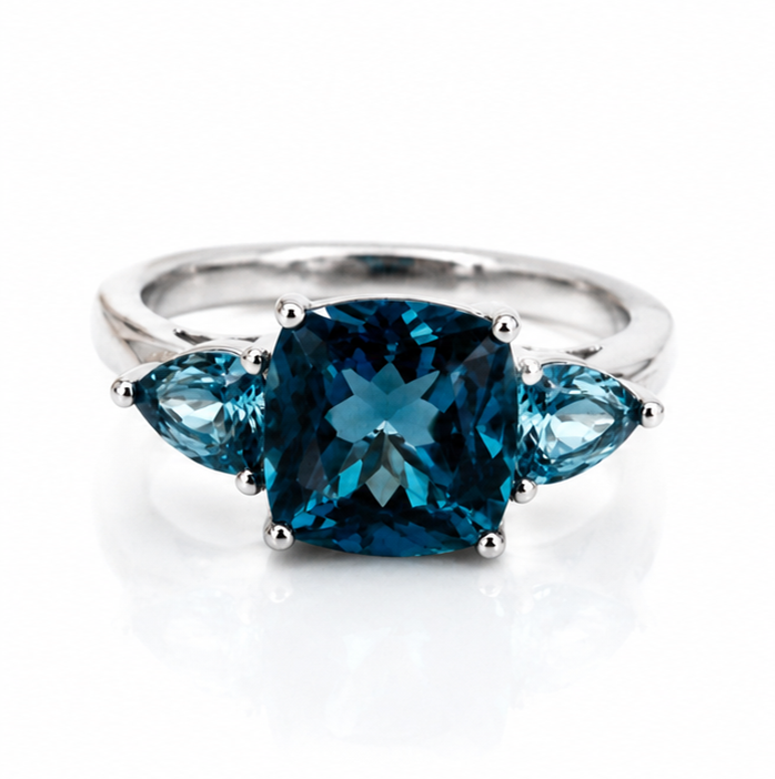 9ct White Gold London Blue Topaz Trillogy Ring