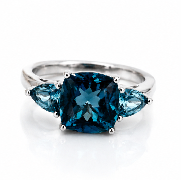 9ct White Gold London Blue Topaz Trillogy Ring