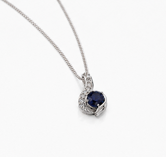 Blue Sapphire & Diamond Swirl Necklace set - 9ct White Gold