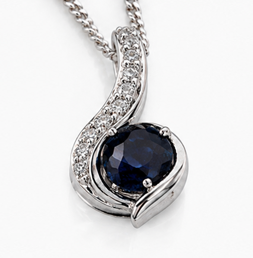 Blue Sapphire & Diamond Swirl Necklace set - 9ct White Gold