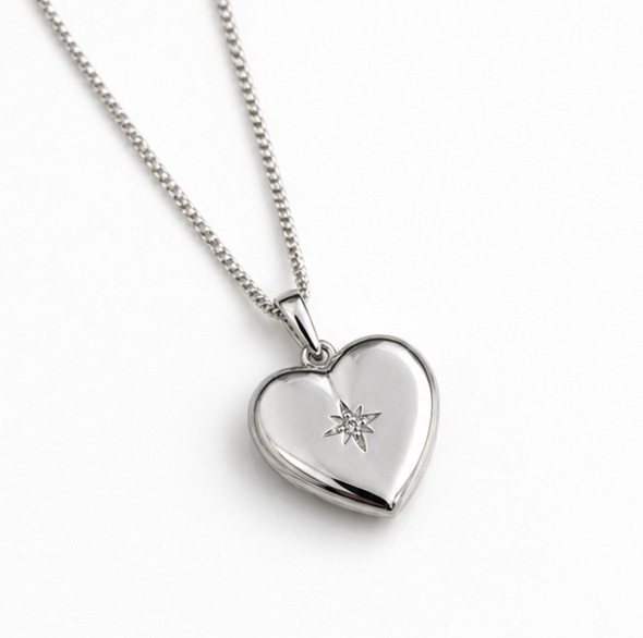 Sterling Silver Heart Locket Pendant Necklace - Starburst Details