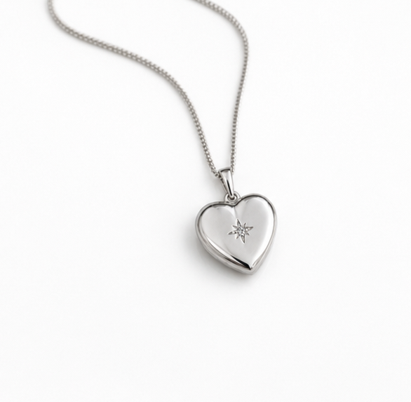 Sterling Silver Heart Locket Pendant Necklace - Starburst Details