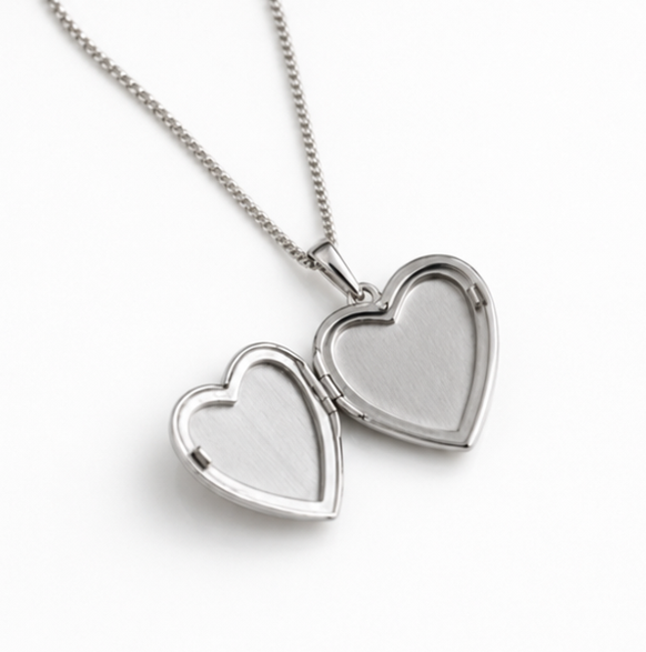 Sterling Silver Heart Locket Pendant Necklace - Starburst Details