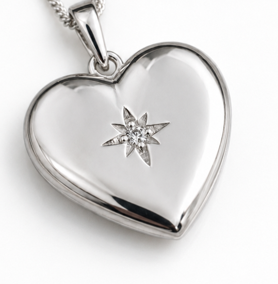 Sterling Silver Heart Locket Pendant Necklace - Starburst Details