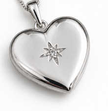 Sterling Silver Heart Locket Pendant Necklace - Starburst Details
