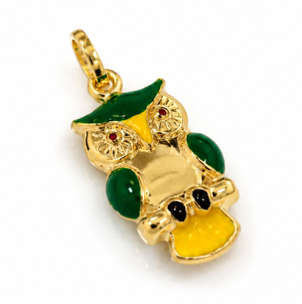 9ct Yellow Gold Enamel Owl Pendant Charm