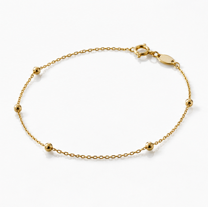 9ct Gold Ball Station Charm Bracelet - 2mm