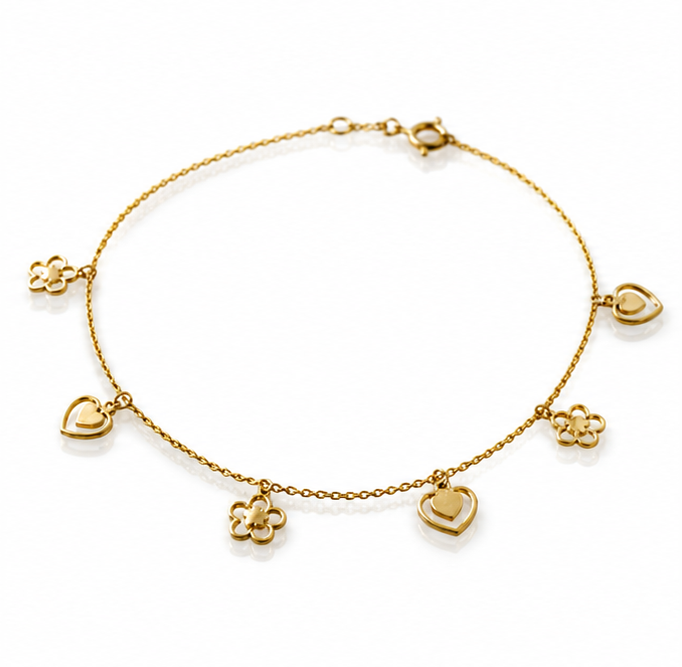 9ct Gold Heart & Flower Charm Bracelet - Delicate Charm Bracelet in Yellow Gold.