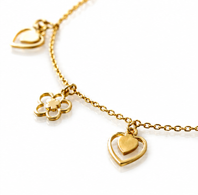 9ct Gold Heart & Flower Charm Bracelet - Delicate Charm Bracelet in Yellow Gold.
