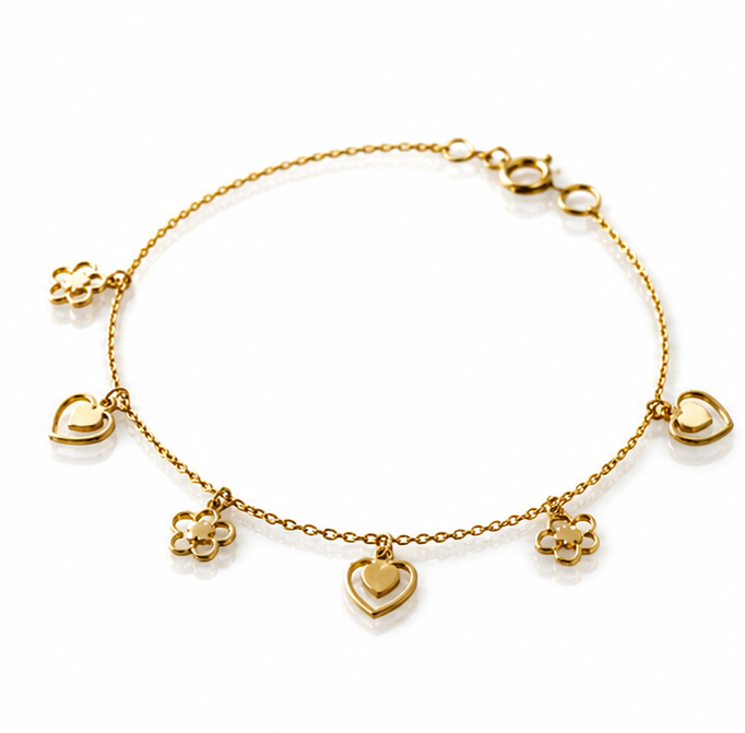 9ct Gold Heart & Flower Charm Bracelet - Delicate Charm Bracelet in Yellow Gold.