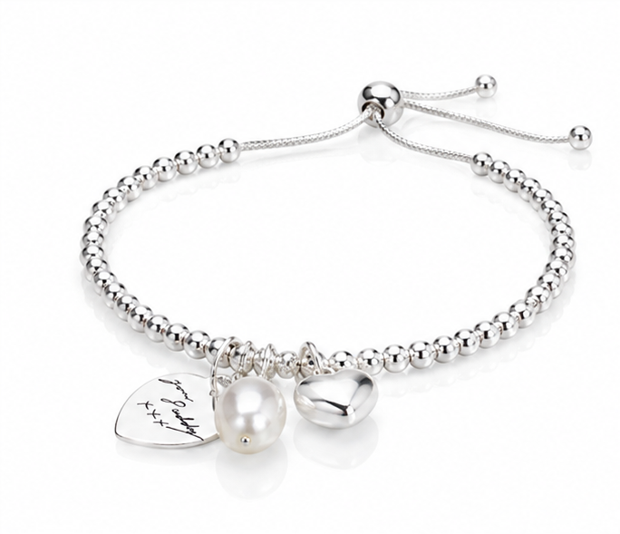Sterling silver Heart Charm Bracelet with Pearl - Engravable
