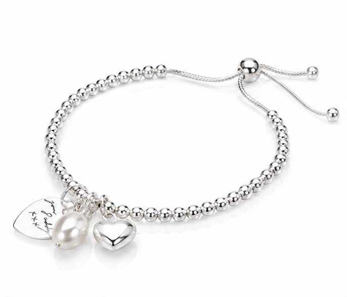 Sterling silver Heart Charm Bracelet with Pearl - Engravable