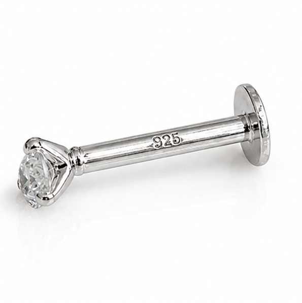 Sterling Silver CZ Labret Stud Earring – Flat Back Cartilage Helix Tragus Piercing