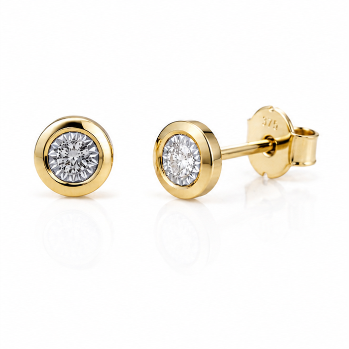 9ct Yellow Gold Bezel Set Diamond Stud Earrings