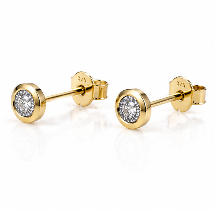 9ct Yellow Gold Bezel Set Diamond Stud Earrings