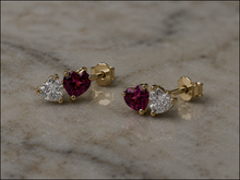 9ct Yellow Gold Toi et Moi Heart Stud Earrings – Rhodolite Garnet & White Topaz