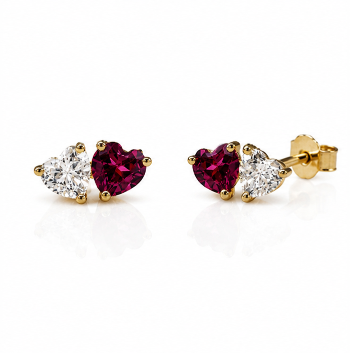 9ct Yellow Gold Toi et Moi Heart Stud Earrings – Rhodolite Garnet & White Topaz