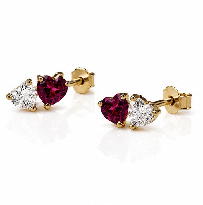 9ct Yellow Gold Toi et Moi Heart Stud Earrings – Rhodolite Garnet & White Topaz
