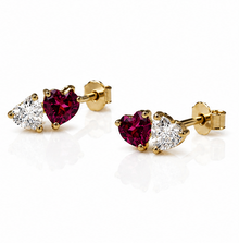 9ct Yellow Gold Toi et Moi Heart Stud Earrings – Rhodolite Garnet & White Topaz