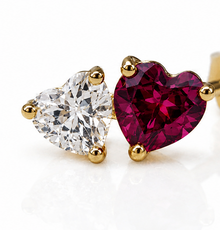 9ct Yellow Gold Toi et Moi Heart Stud Earrings – Rhodolite Garnet & White Topaz