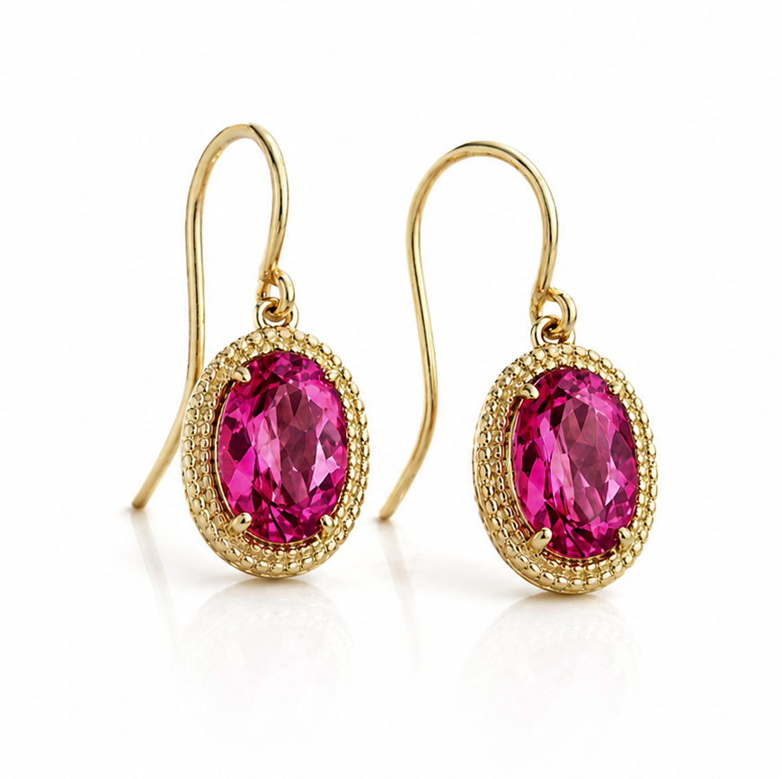 Oval Cut Pink Topaz Drop Earrings in 9ct Yellow Gold