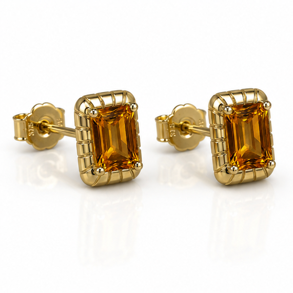 Detailed Octagon Citrine Stud Earrings in 9ct Yellow Gold