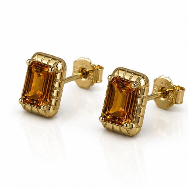 Detailed Octagon Citrine Stud Earrings in 9ct Yellow Gold