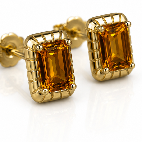 Detailed Octagon Citrine Stud Earrings in 9ct Yellow Gold