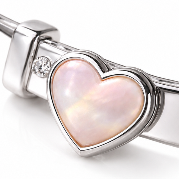 Mother of Pearl Heart Diamond Bangle - Sterling Silver