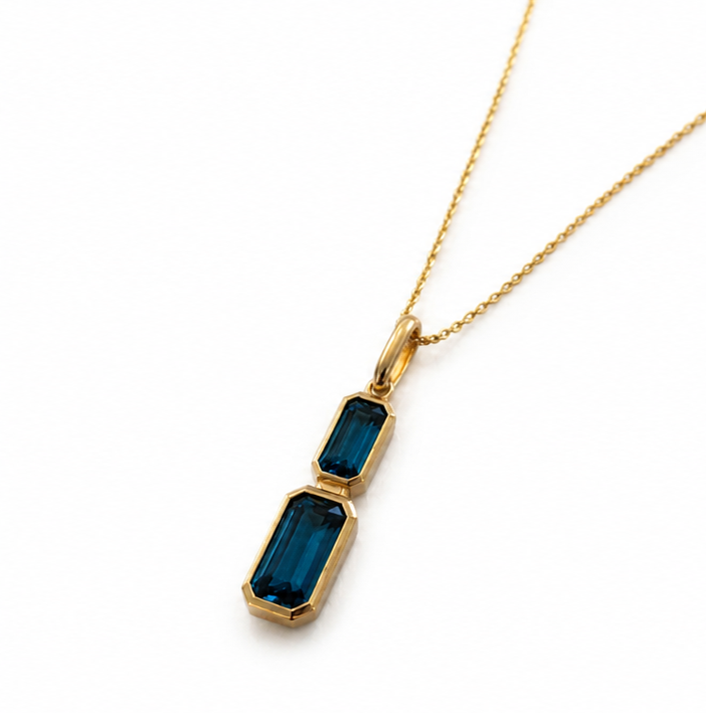 9ct Yellow Gold London Blue Topaz Drop Necklace - Emerald Cut Double Stone (45cm)