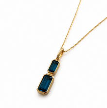 9ct Yellow Gold London Blue Topaz Drop Necklace - Emerald Cut Double Stone (45cm)