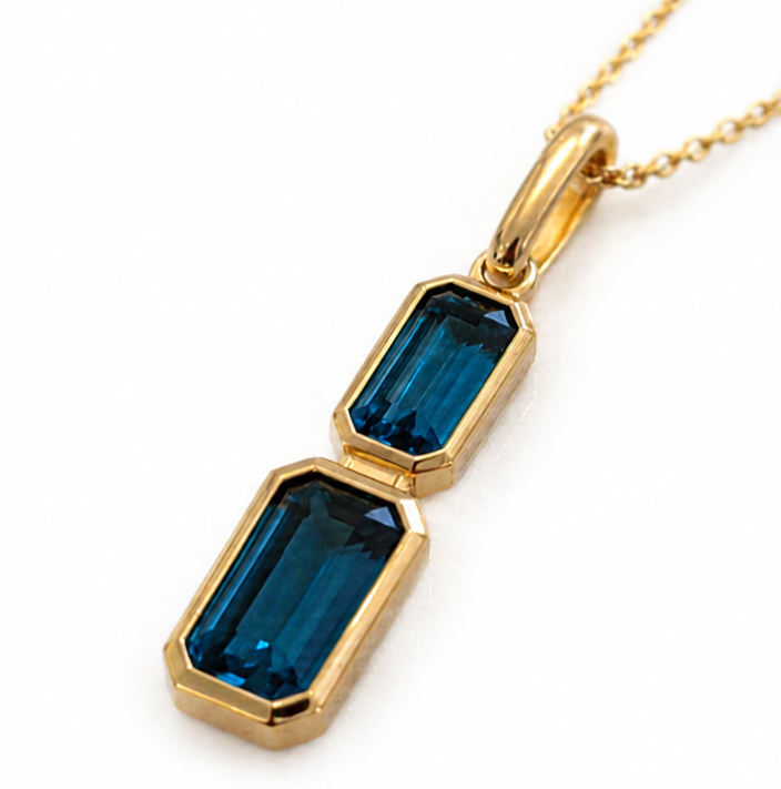 9ct Yellow Gold London Blue Topaz Drop Necklace - Emerald Cut Double Stone (45cm)