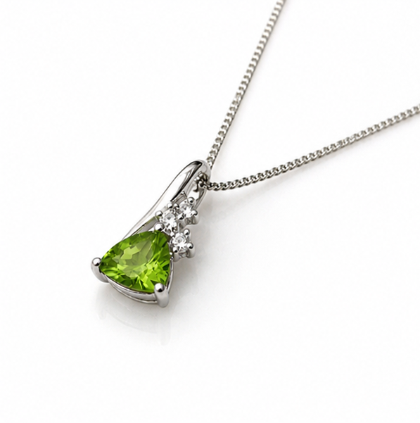 9ct White Gold Trillion Peridot & White Topaz Pendant – 46cm Curb Chain