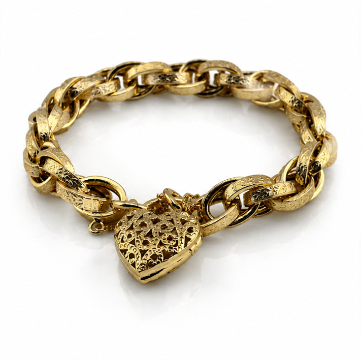 Solid 9ct Yellow Gold Prince of Wales Bracelet with Filigree Heart Padlock – 19.5g