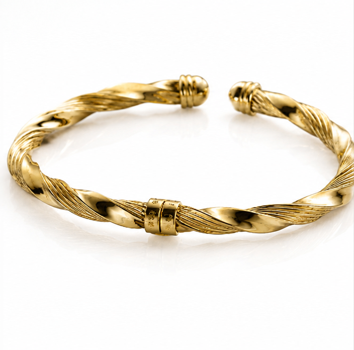 9ct Yellow Gold Sculpted Ribbed Twist Spring Bangle