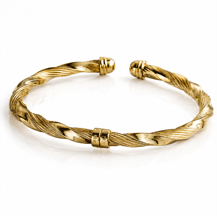 9ct Yellow Gold Sculpted Ribbed Twist Spring Bangle
