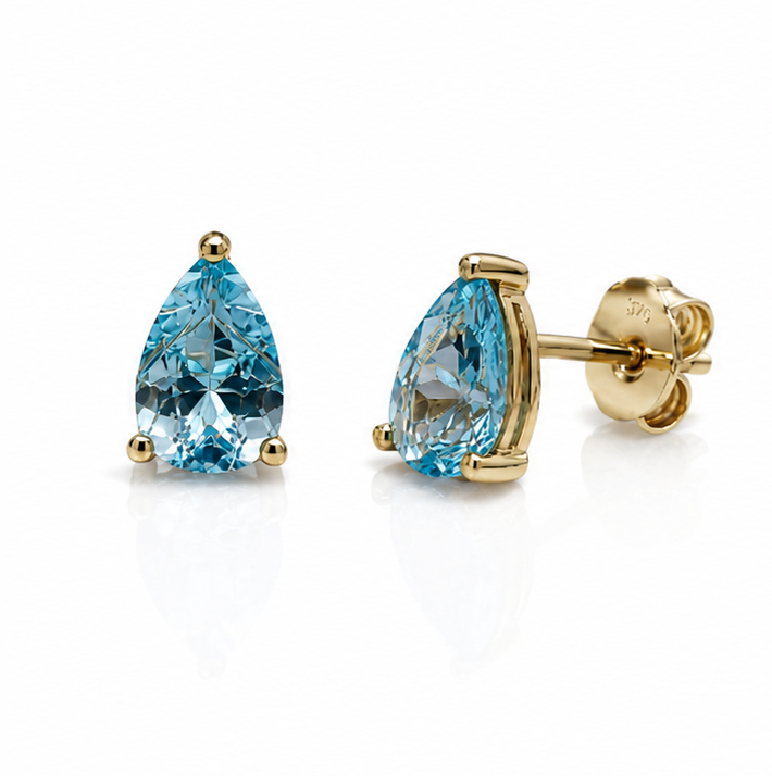 9ct Yellow Gold Pear Cut Blue Topaz Stud Earrings