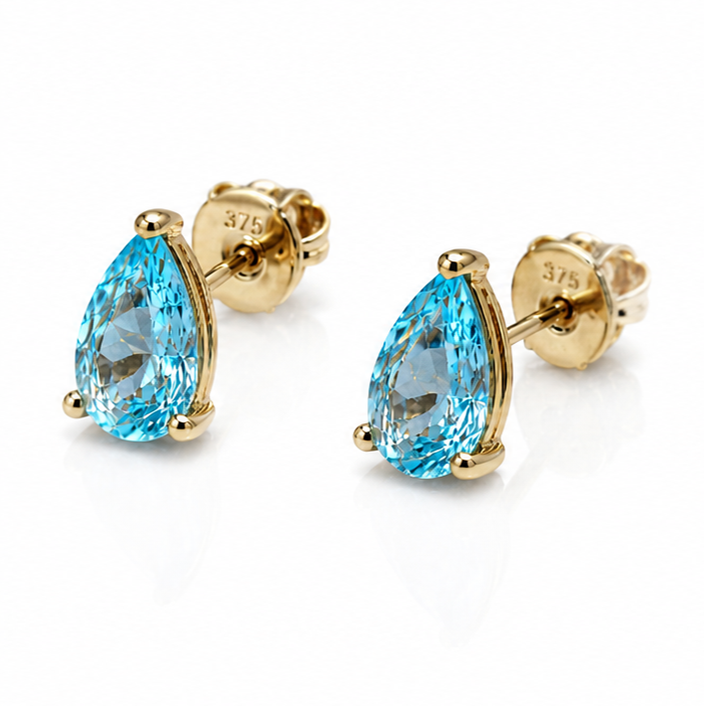 9ct Yellow Gold Pear Cut Blue Topaz Stud Earrings