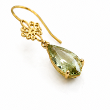 9ct Yellow Gold Green Quartz Drop Earrings with Swirl Detail