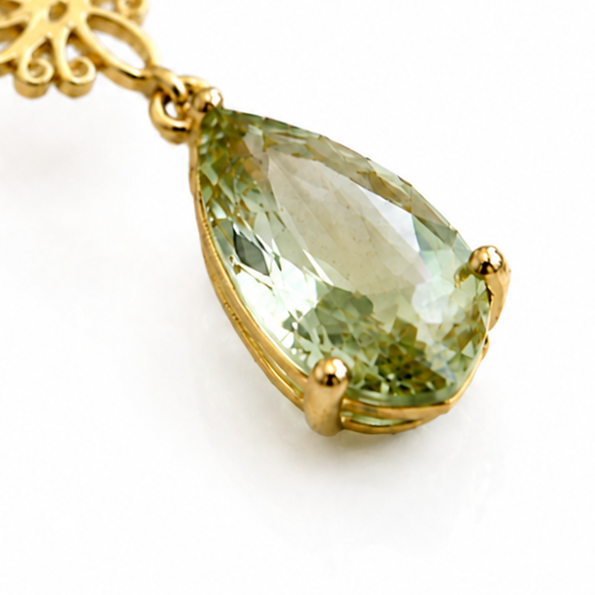9ct Yellow Gold Green Quartz Drop Earrings with Swirl Detail