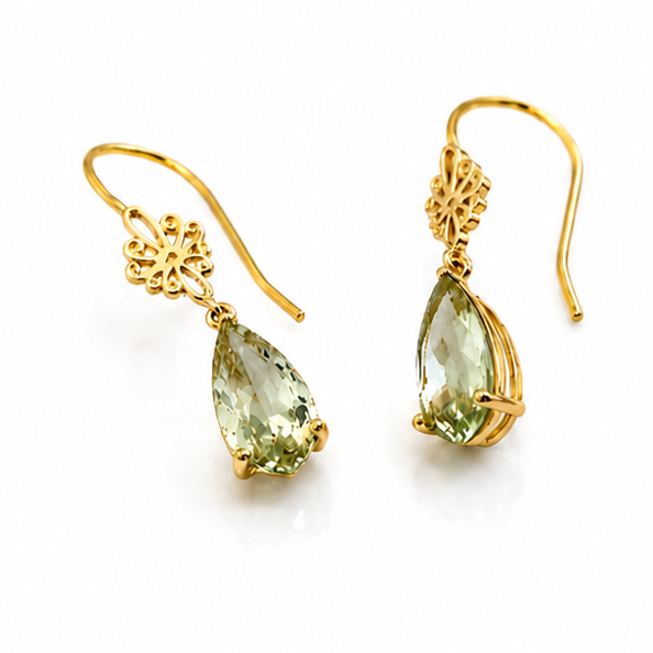 9ct Yellow Gold Green Quartz Drop Earrings with Swirl Detail