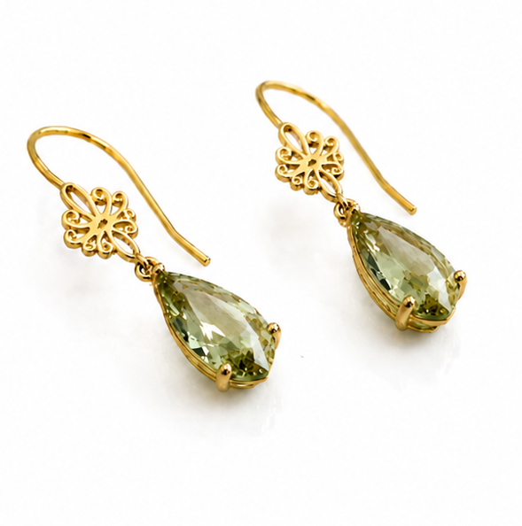 9ct Yellow Gold Green Quartz Drop Earrings with Swirl Detail