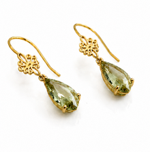 9ct Yellow Gold Green Quartz Drop Earrings with Swirl Detail