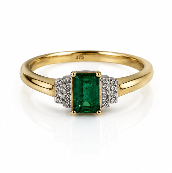 9ct Yellow Gold Emerald & Diamond Art Deco Statement Ring