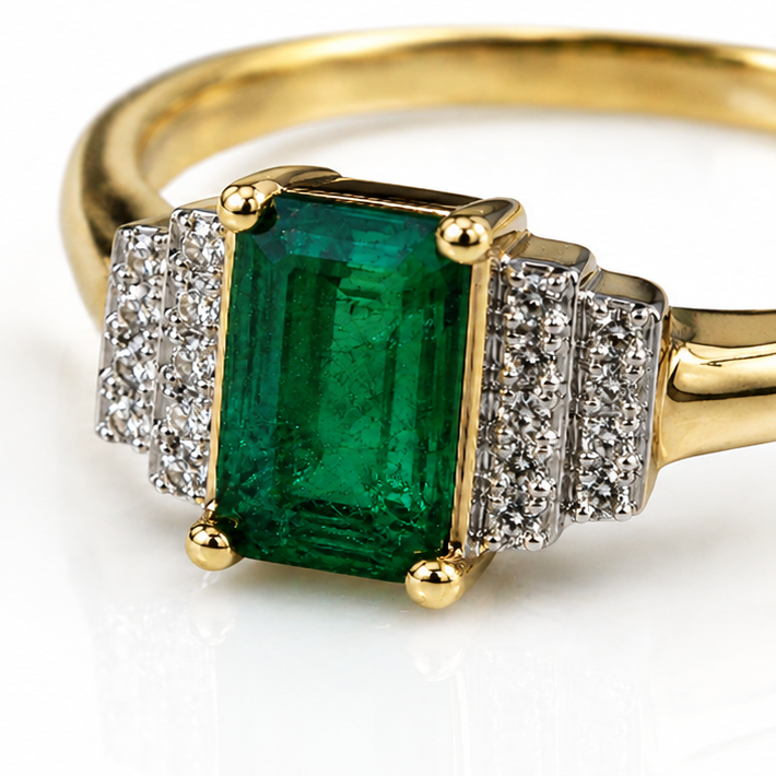 9ct Yellow Gold Emerald & Diamond Art Deco Statement Ring