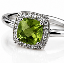 9ct White Gold Cushion-Cut Peridot & Diamond Halo Ring