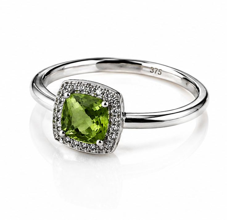 9ct White Gold Cushion-Cut Peridot & Diamond Halo Ring