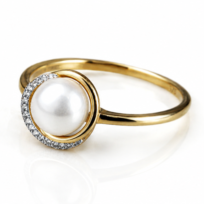 9ct Yellow Gold Button Pearl & Diamond Wave Ring