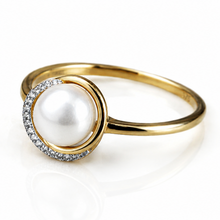 9ct Yellow Gold Button Pearl & Diamond Wave Ring